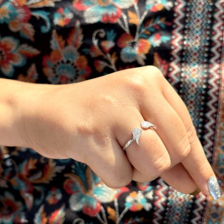 92.5 Sterling Silver Studded Wings Adjustable Statement Ring